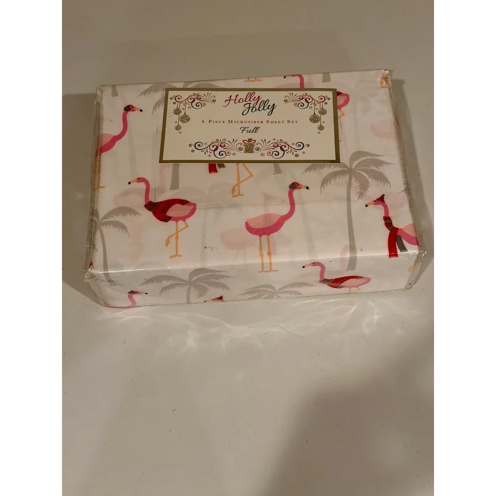 NWT Holly Jolly Christmas Flamingo Sheet Set Full 4pc Microfiber Bedding Holiday
